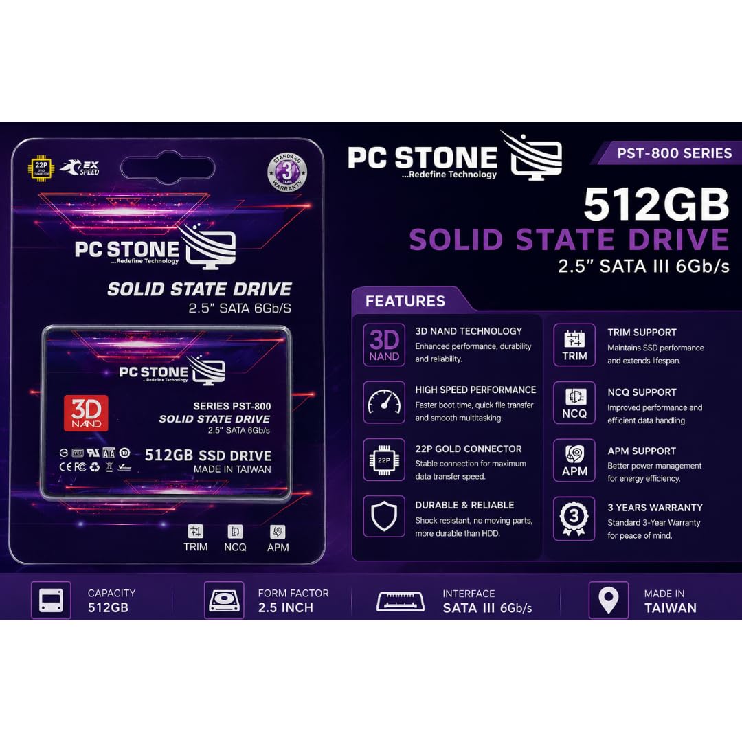 PC STONE 512GB SATA III 2.5 Inch Internal SSD | 6Gb/s | For Laptop & Desktop
