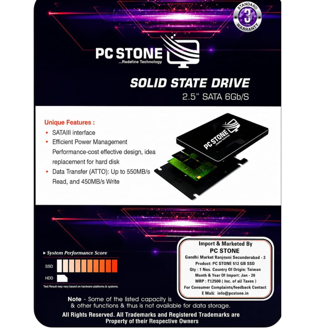 PC STONE 512GB SATA III 2.5 Inch Internal SSD | 6Gb/s | For Laptop & Desktop