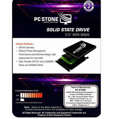 PC STONE 512GB SATA III 2.5 Inch Internal SSD | 6Gb/s | For Laptop & Desktop
