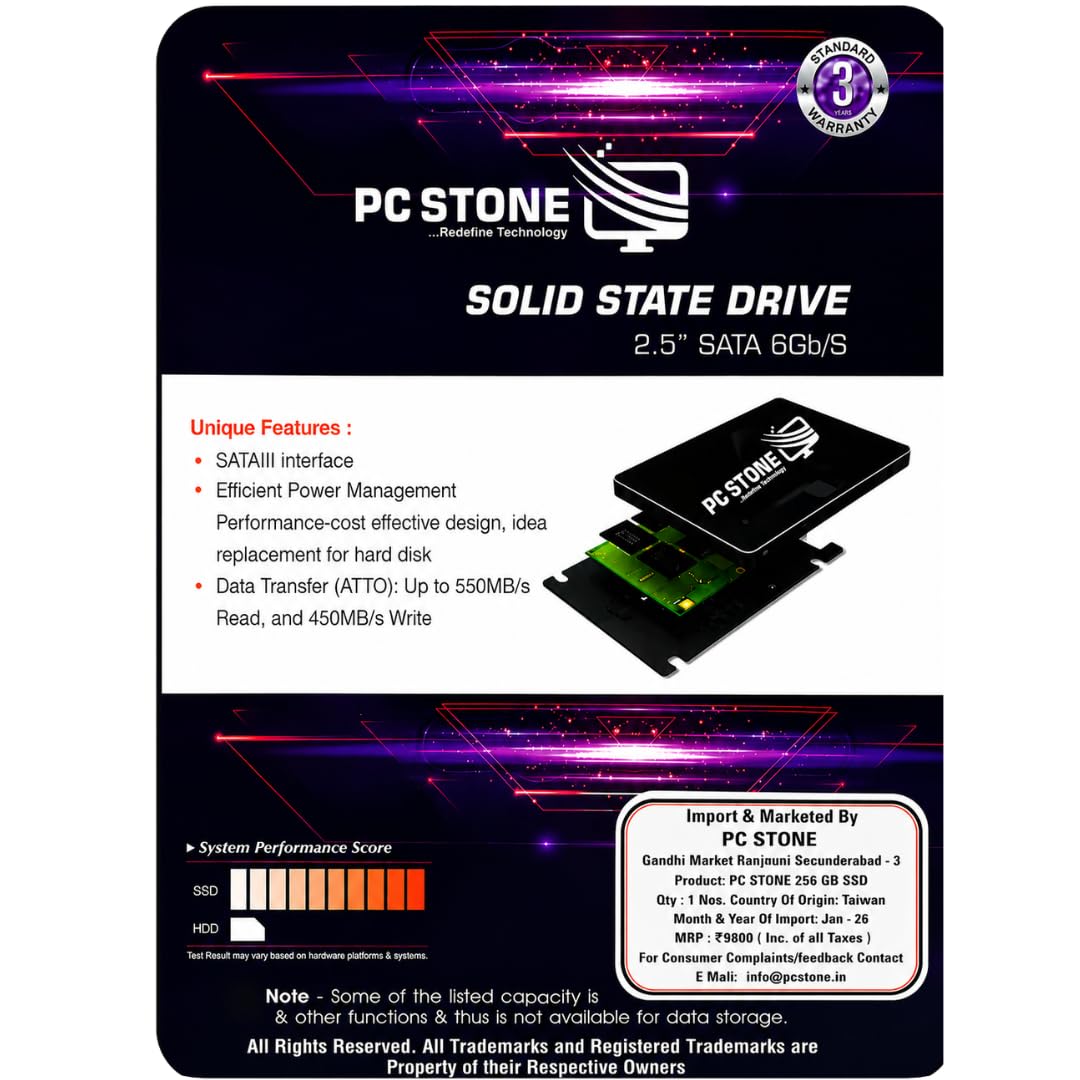 PC STONE 256GB SATA III 2.5 Inch Internal SSD | 6Gb/s | For Laptop & Desktop