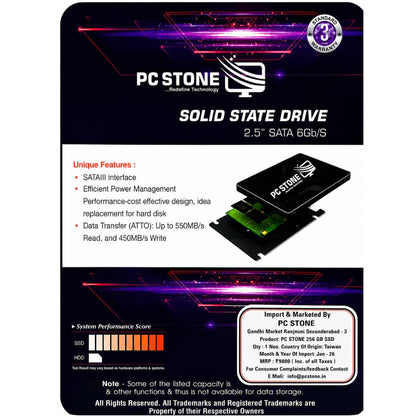 PC STONE 256GB SATA III 2.5 Inch Internal SSD | 6Gb/s | For Laptop & Desktop