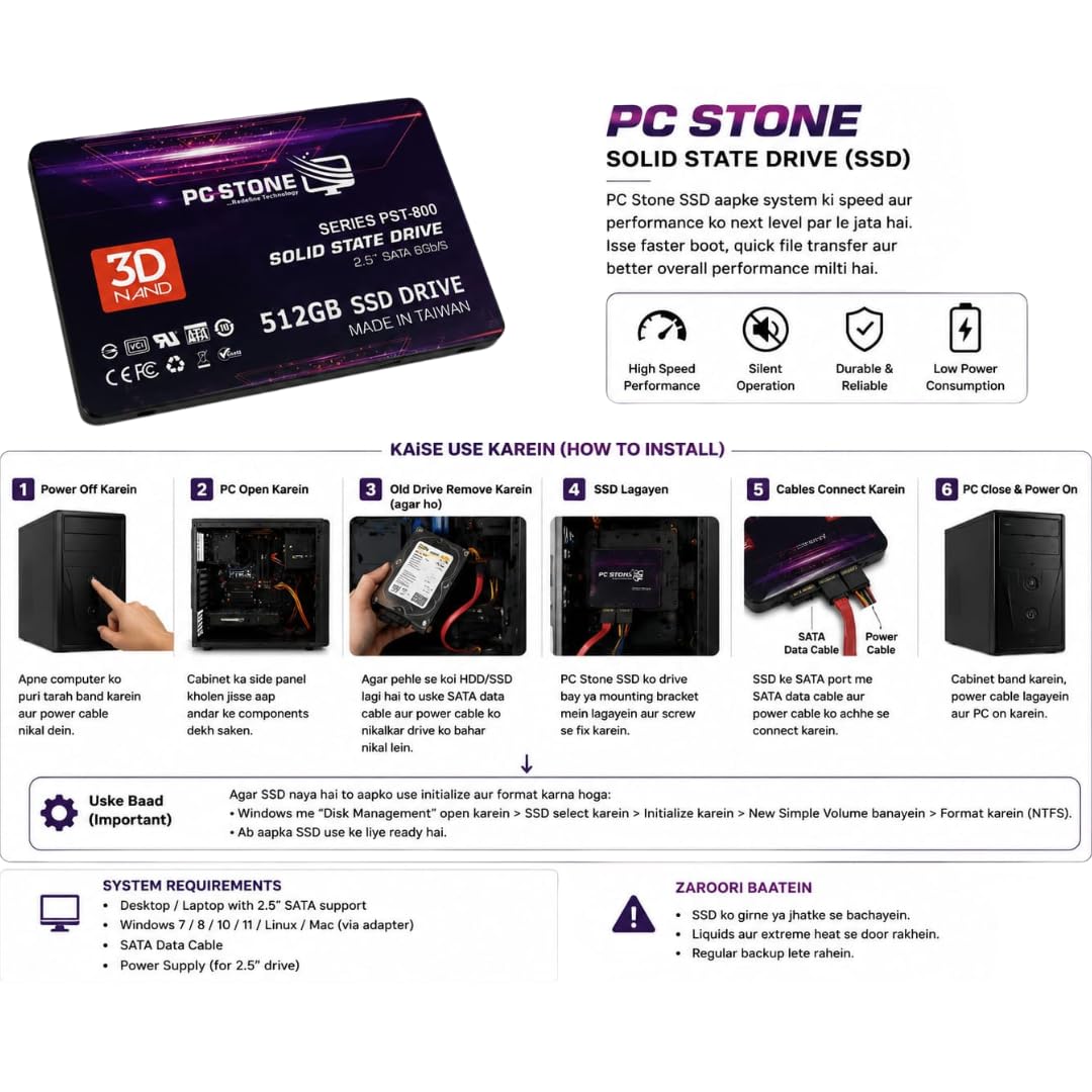 PC STONE 512GB SATA III 2.5 Inch Internal SSD | 6Gb/s | For Laptop & Desktop