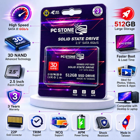 PC STONE 512GB SATA III 2.5 Inch Internal SSD | 6Gb/s | For Laptop & Desktop