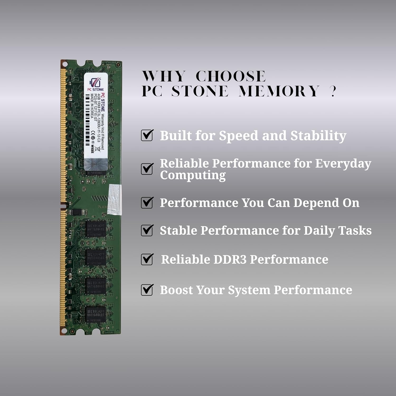 PC STONE 4GB DDR3 Desktop RAM PC3L-12800 (DDR3-1600) 240-Pin DIMM Memory Module