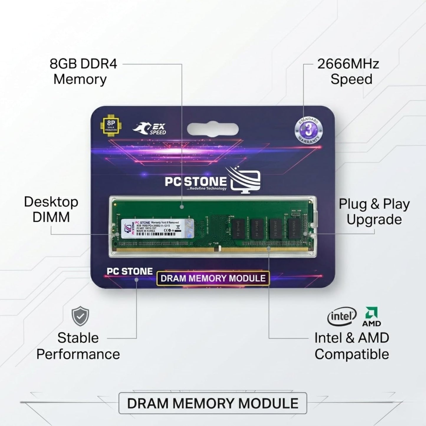 PC STONE 8GB DDR4 Desktop RAM 2666MHz UDIMM Memory Module