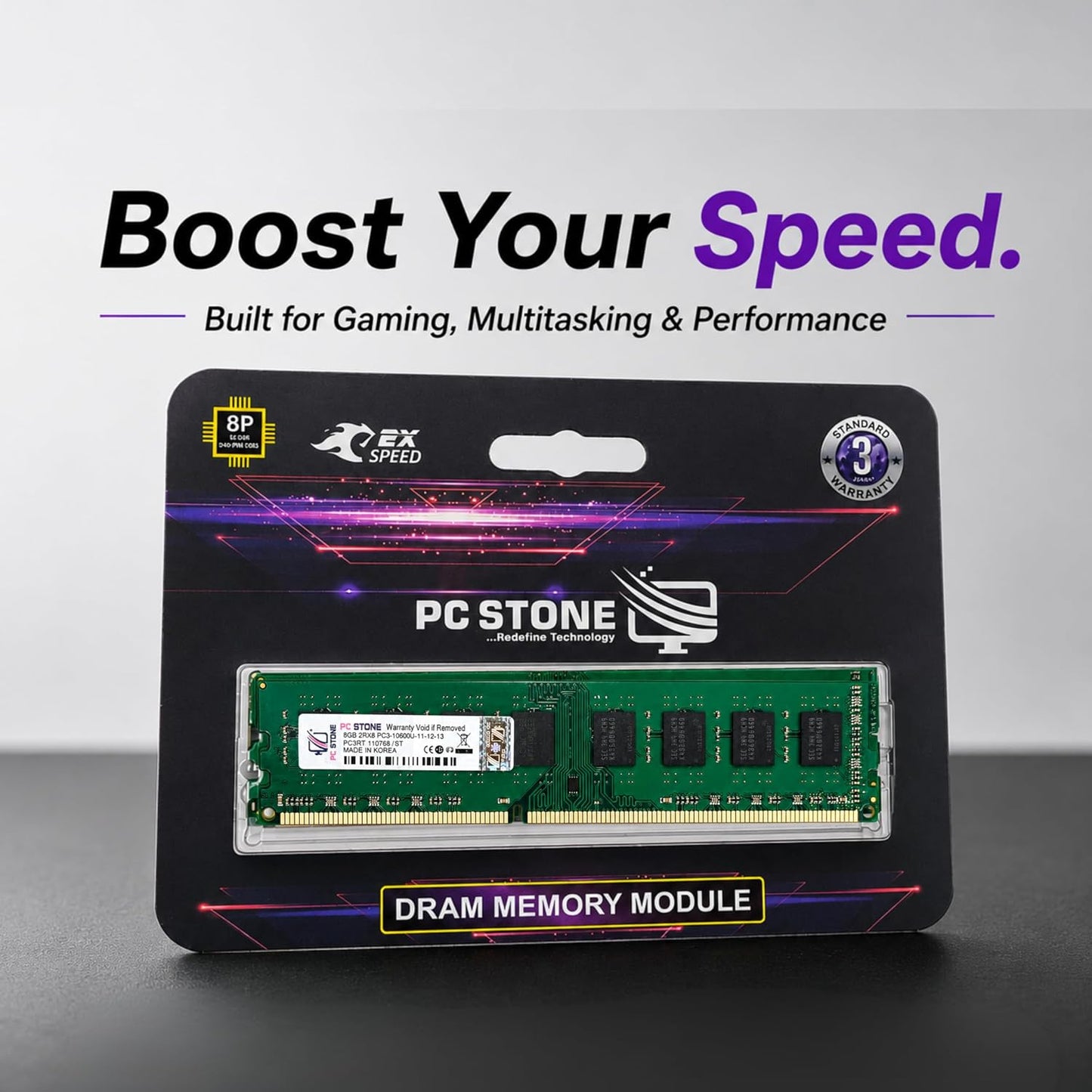 PC STONE 8GB DDR3 Desktop RAM 10600 (PC3-10600) DIMM Memory Module for Desktop PC | 240-Pin | High-Speed Performance