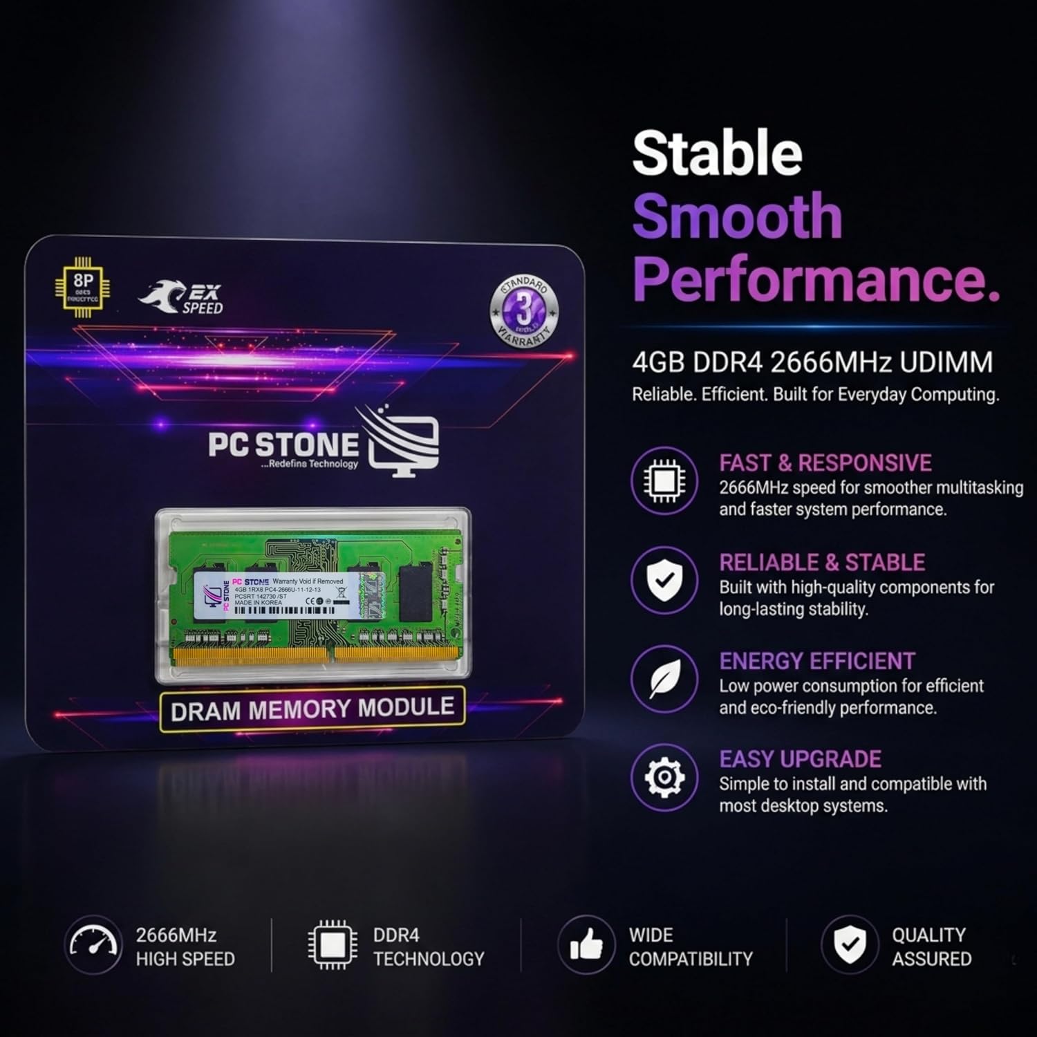 PC STONE 4GB DDR4 laptop RAM 2666MHz | PC4-2666U DIMM Memory Module