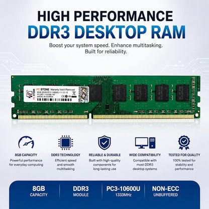 PC STONE 8GB DDR3 Desktop RAM 10600 (PC3-10600) DIMM Memory Module for Desktop PC | 240-Pin | High-Speed Performance