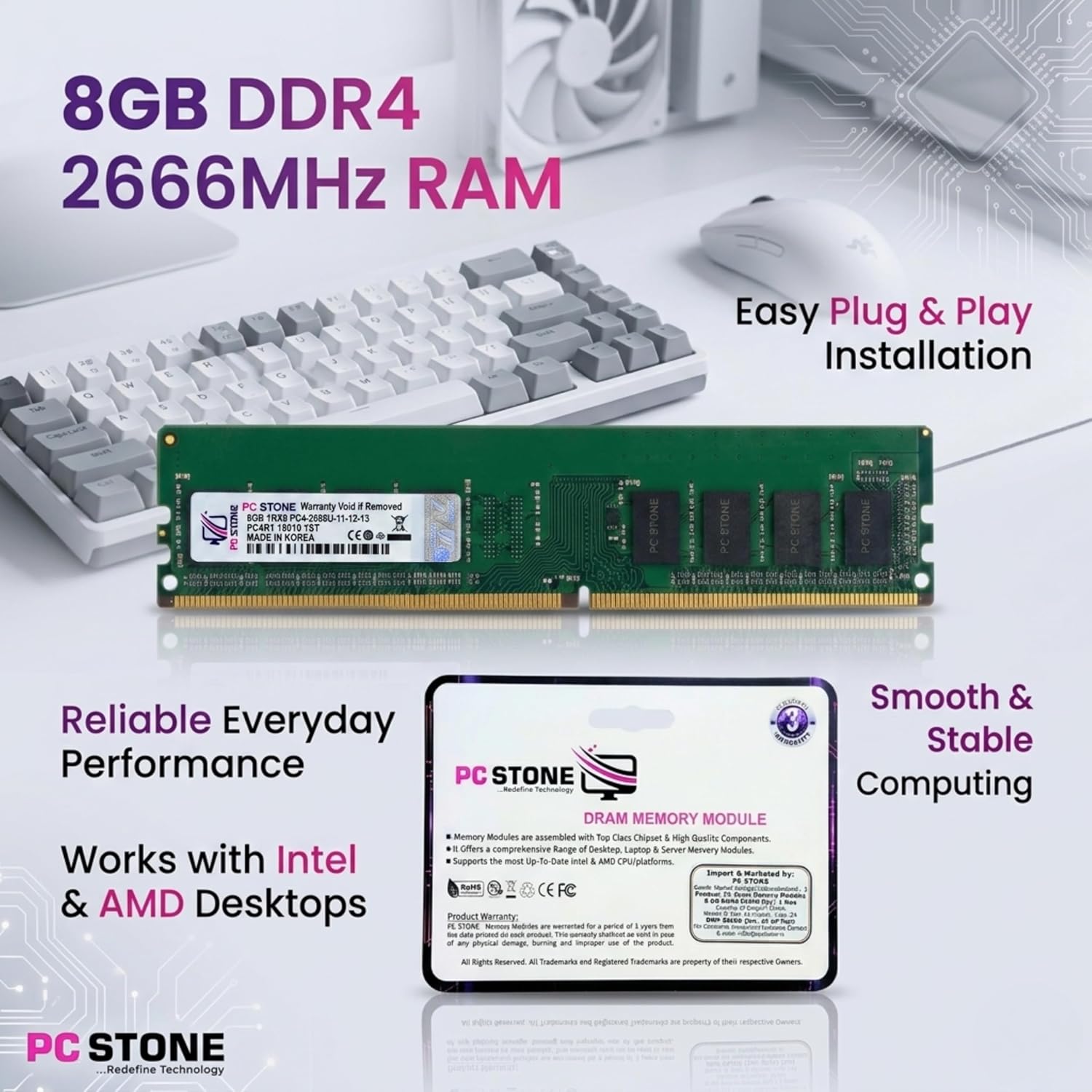 PC STONE 8GB DDR4 Desktop RAM 2666MHz UDIMM Memory Module