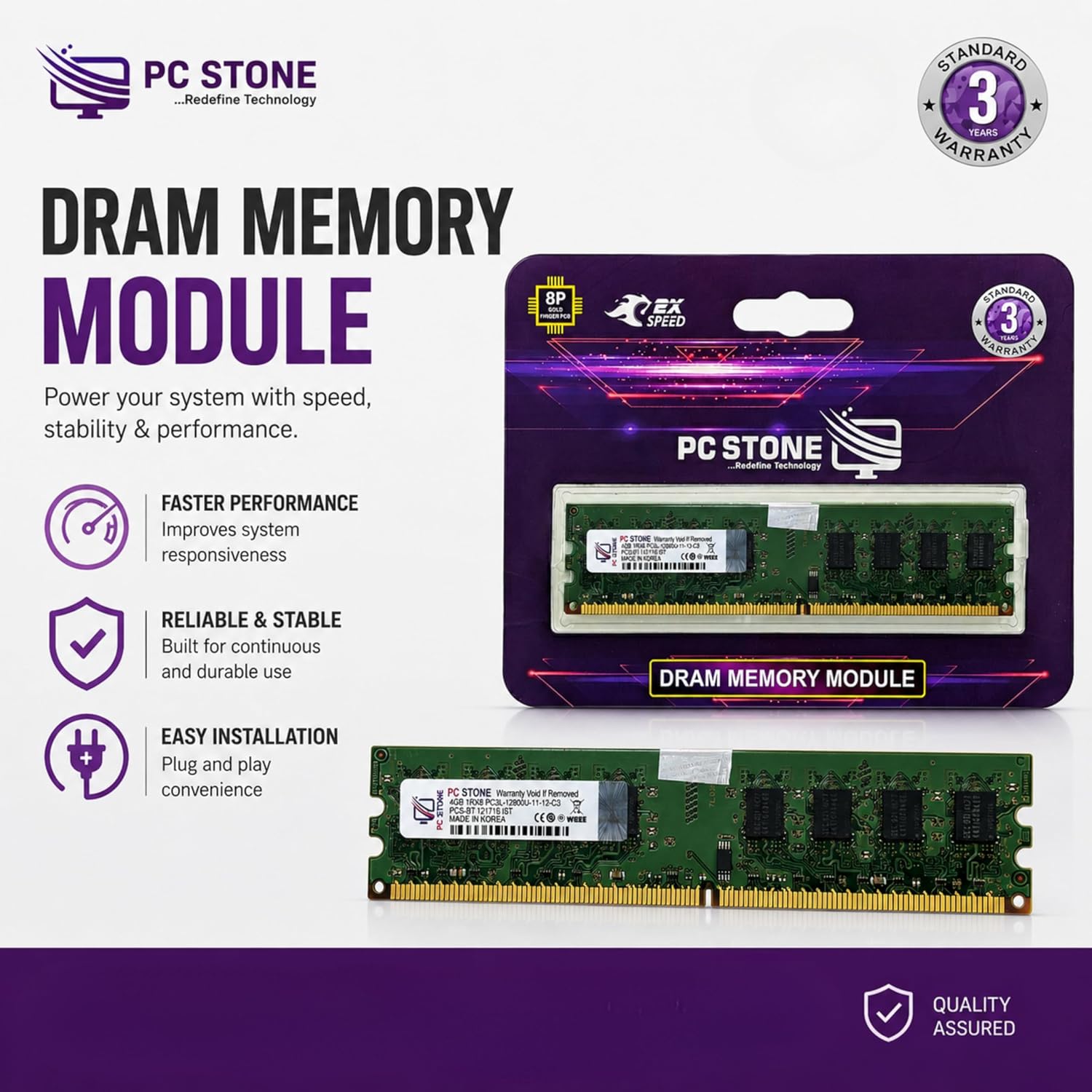 PC STONE 4GB DDR3 Desktop RAM PC3L-12800 (DDR3-1600) 240-Pin DIMM Memory Module