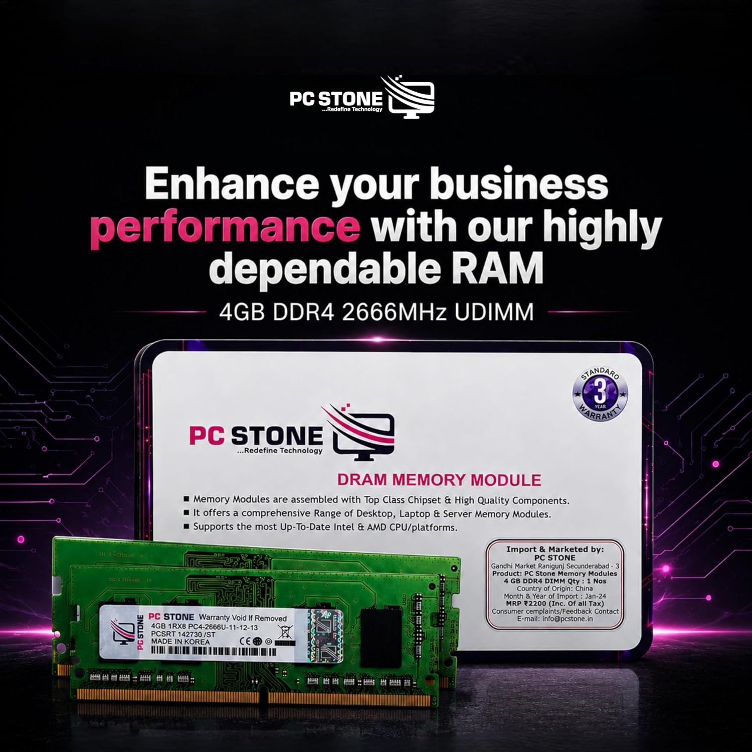 PC STONE 4GB DDR4 laptop RAM 2666MHz | PC4-2666U DIMM Memory Module